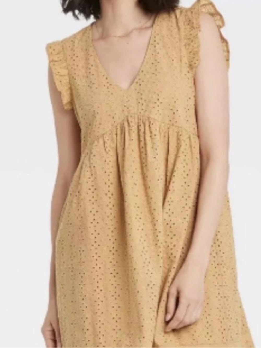 IVY V-Neck Eyelet Ruffle Sleeve Dress in Mustard Ladies Clothes